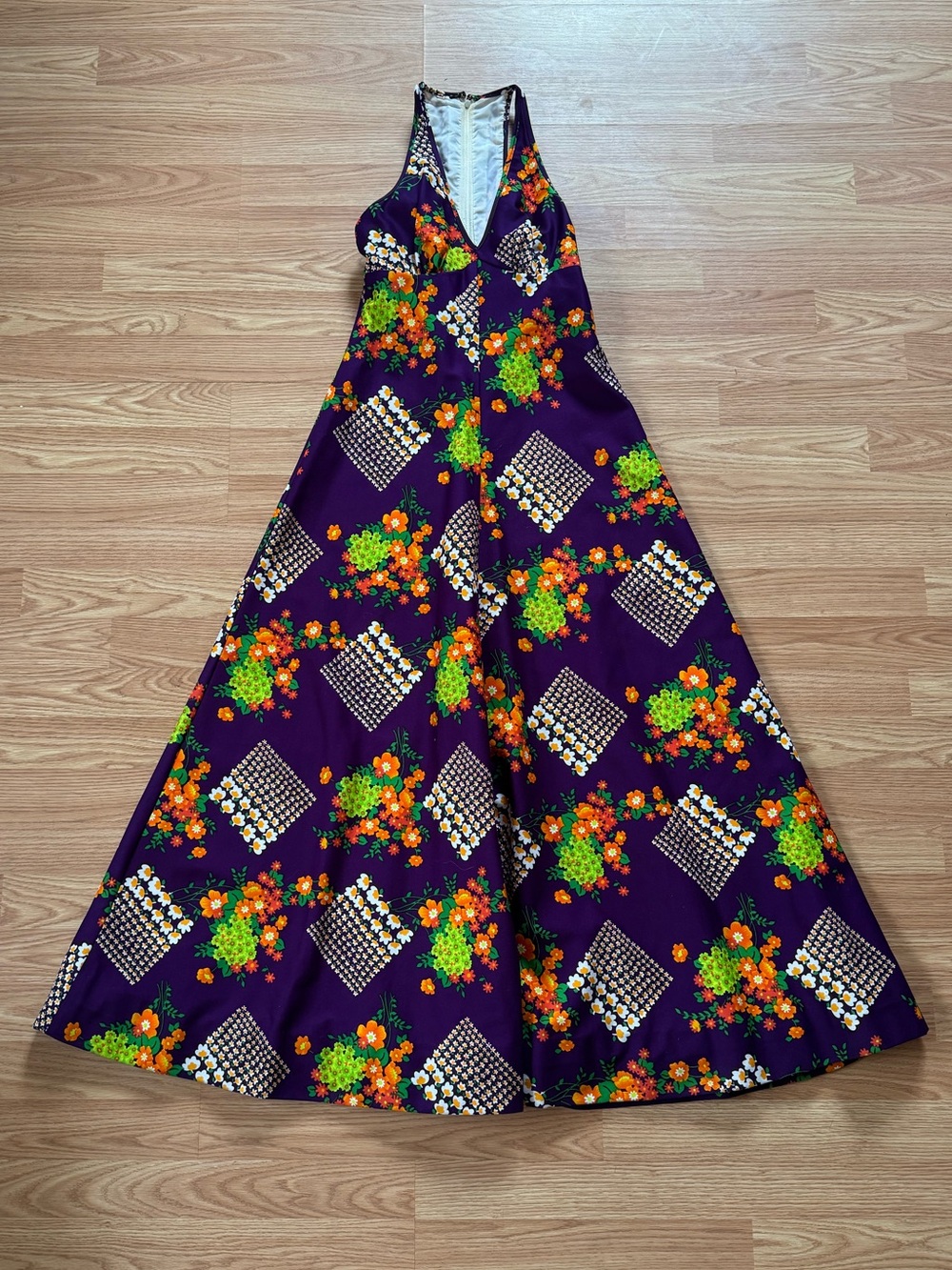 Vintage 60s 70s Quirky Groovy Dopamine Psychedelic Floral Maxi Dress Sz 36 / 6